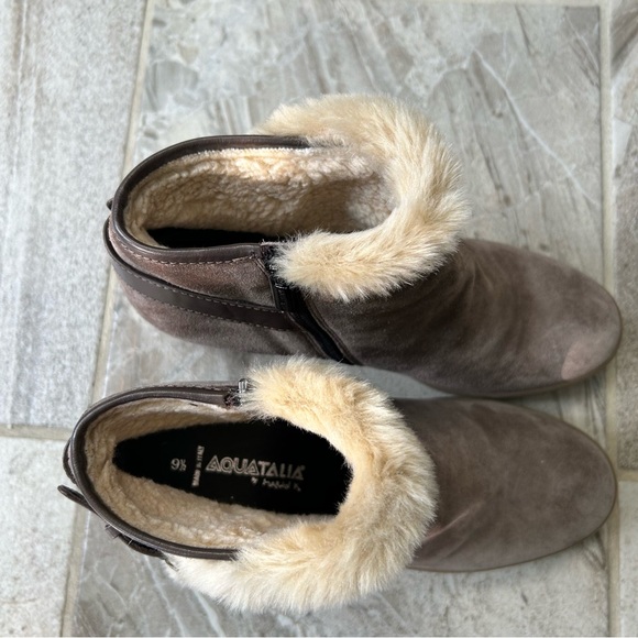 Aquatalia Cameron Waterproof Faux-Fur Trimmed Suede Wedge Bootie, Size 9.5 Women - Picture 10 of 11